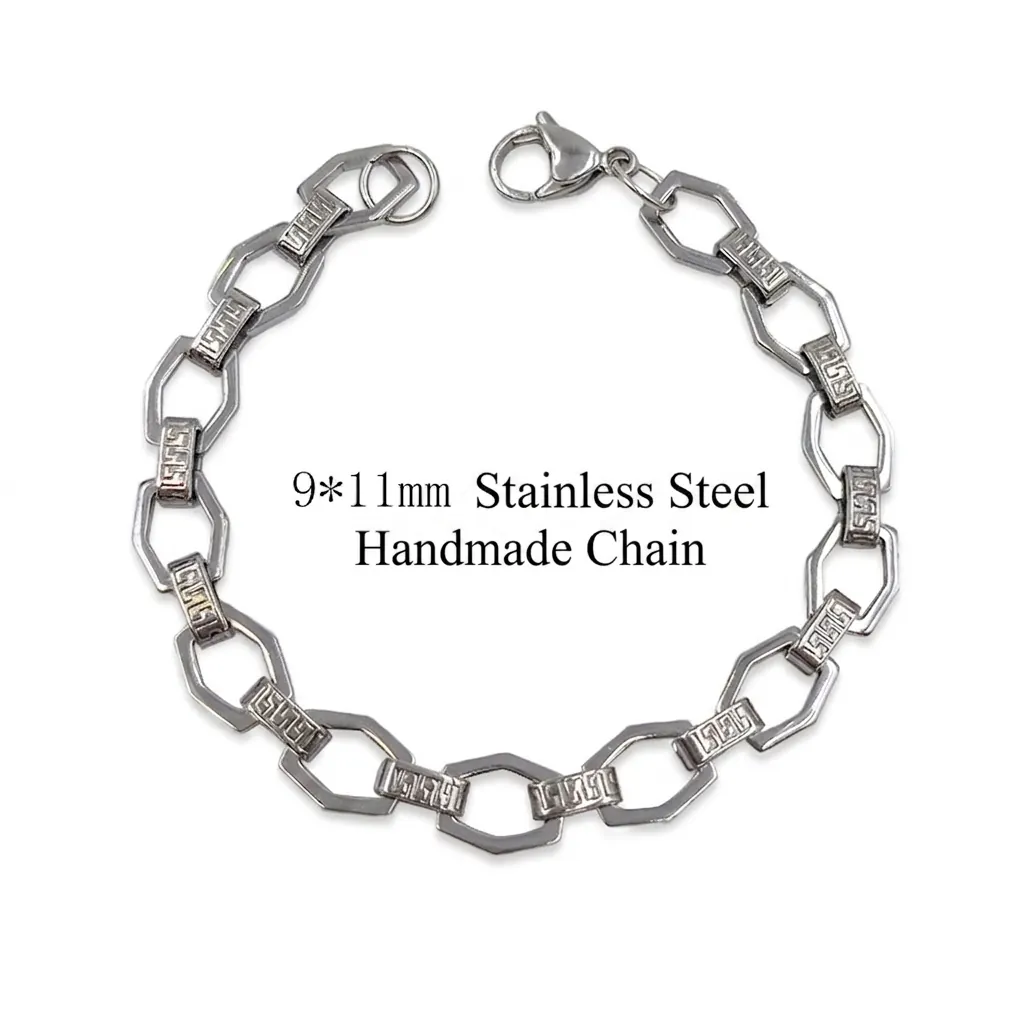 Stainless Steel Bracelet Geometric Hexagon Link Chain With Meander Pattern Hip Hop Jewelry For Men And Women