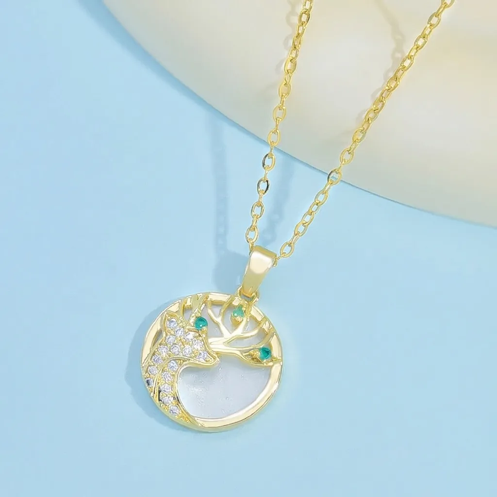 New Chinese Style Deer Antler Artificial Opal Round Pendant Copper Necklace For Women Gold Rhinestone Shell Jewelry