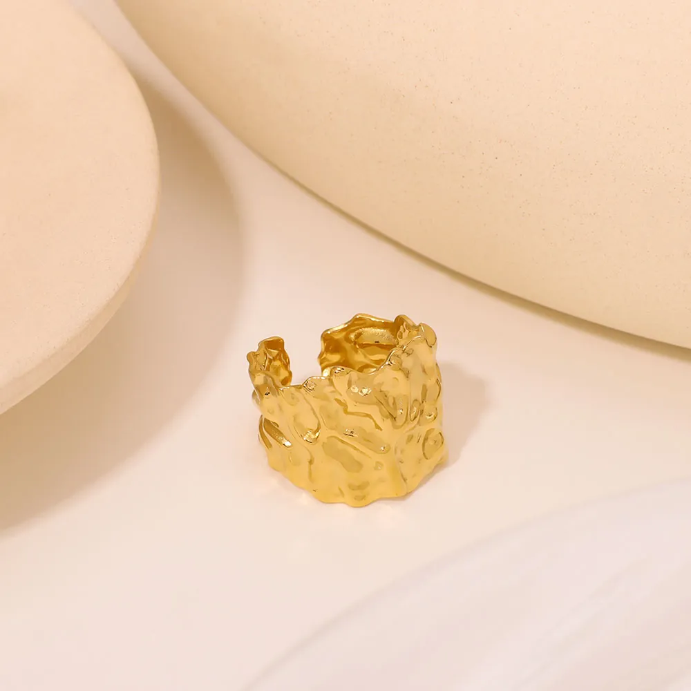 Anello Aperto Texture Lava Irregolare Placcato Oro 18K Acciaio Inossidabile Gioielli Minimalisti Increspati Per Donne