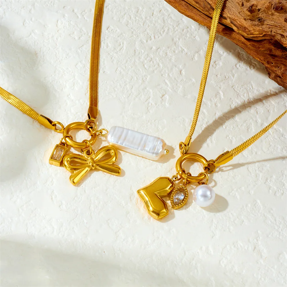 Gold Plated Stainless Steel Snake Chain Necklace Heart Bow Pendants Artificial Baroque Pearl Zircon Crystal Women Vintage Jewelry