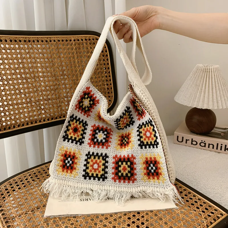 Granny Square Crochet Hand-Knitted Shoulder Bag With Tassels Bohemian Style Large Capacity Tote For Women Casual
