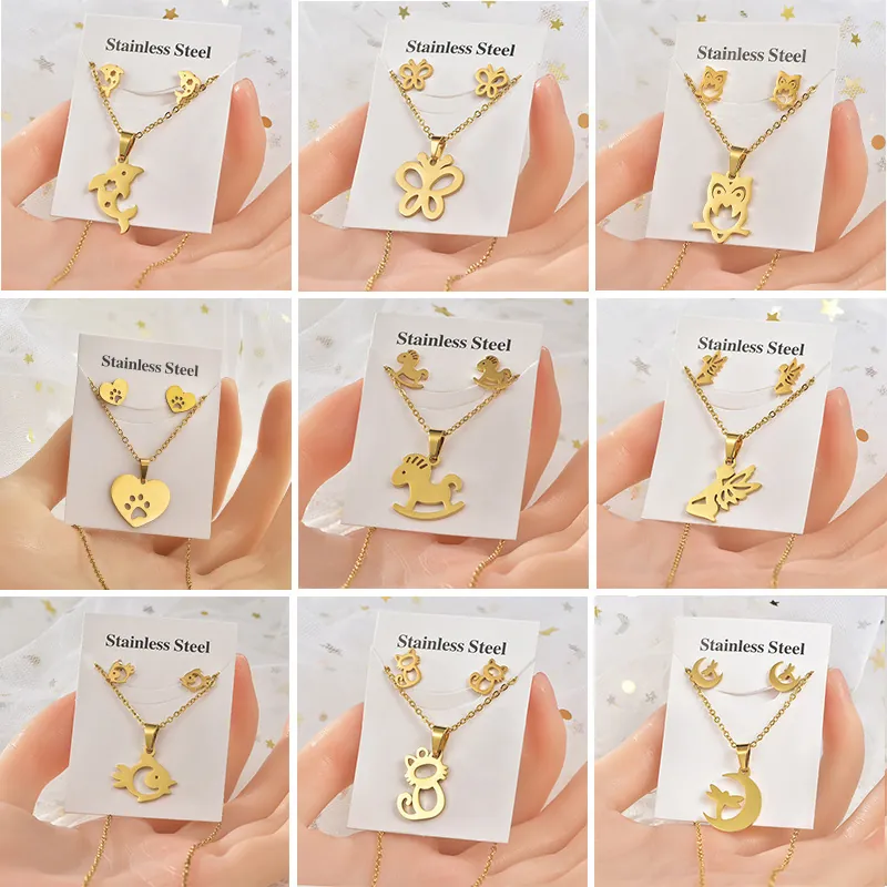 Stainless Steel Animal Jewelry Butterfly Owl Dolphin Necklace And Earrings Fashion Gold Plated Accessories For Women