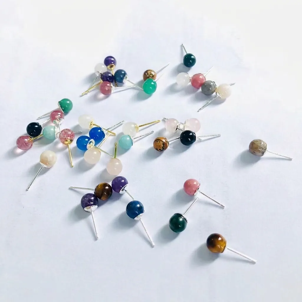 Natural Crystal Stone Stud Earrings With 925 Sterling Silver Earring Post Polished Round Gemstone Ear Jewelry For Women
