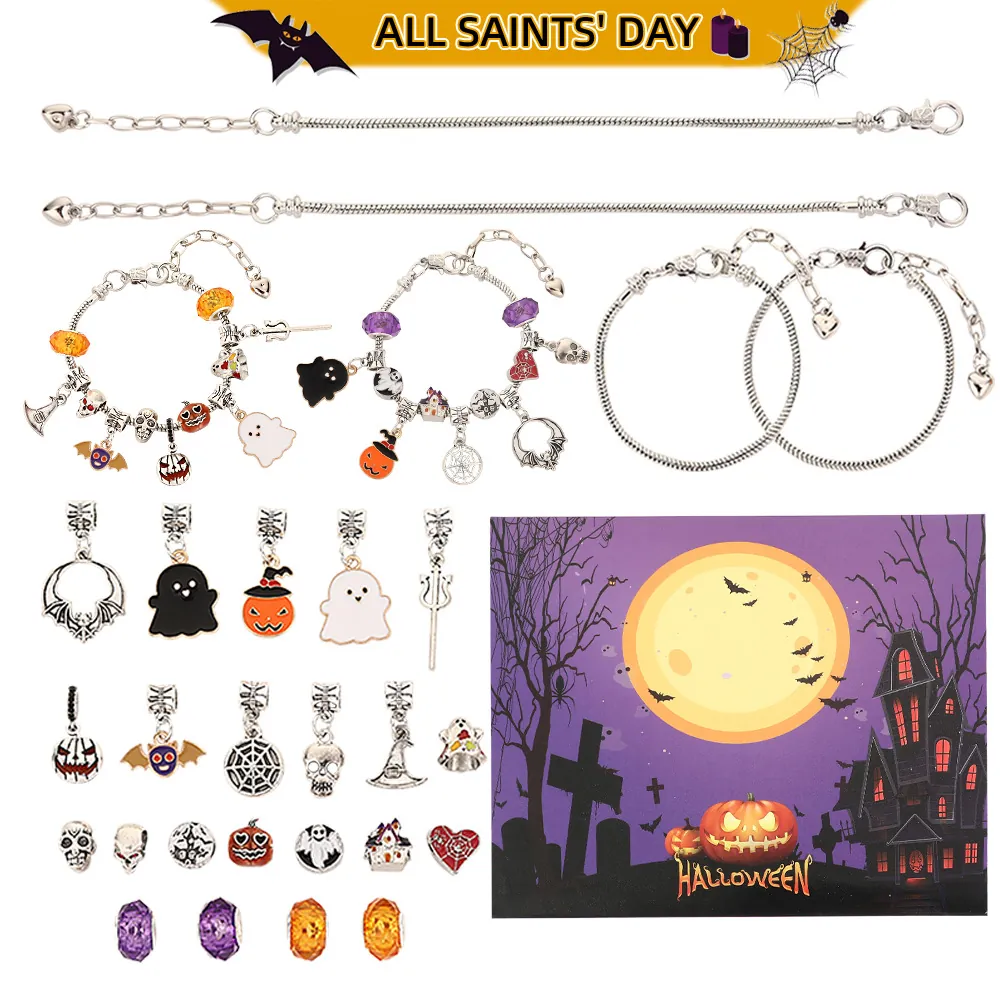 Halloween DIY Bracelet Jewelry Alloy Copper Glass Beads Charms Pumpkin Ghost For Girls Women Advent Calendar