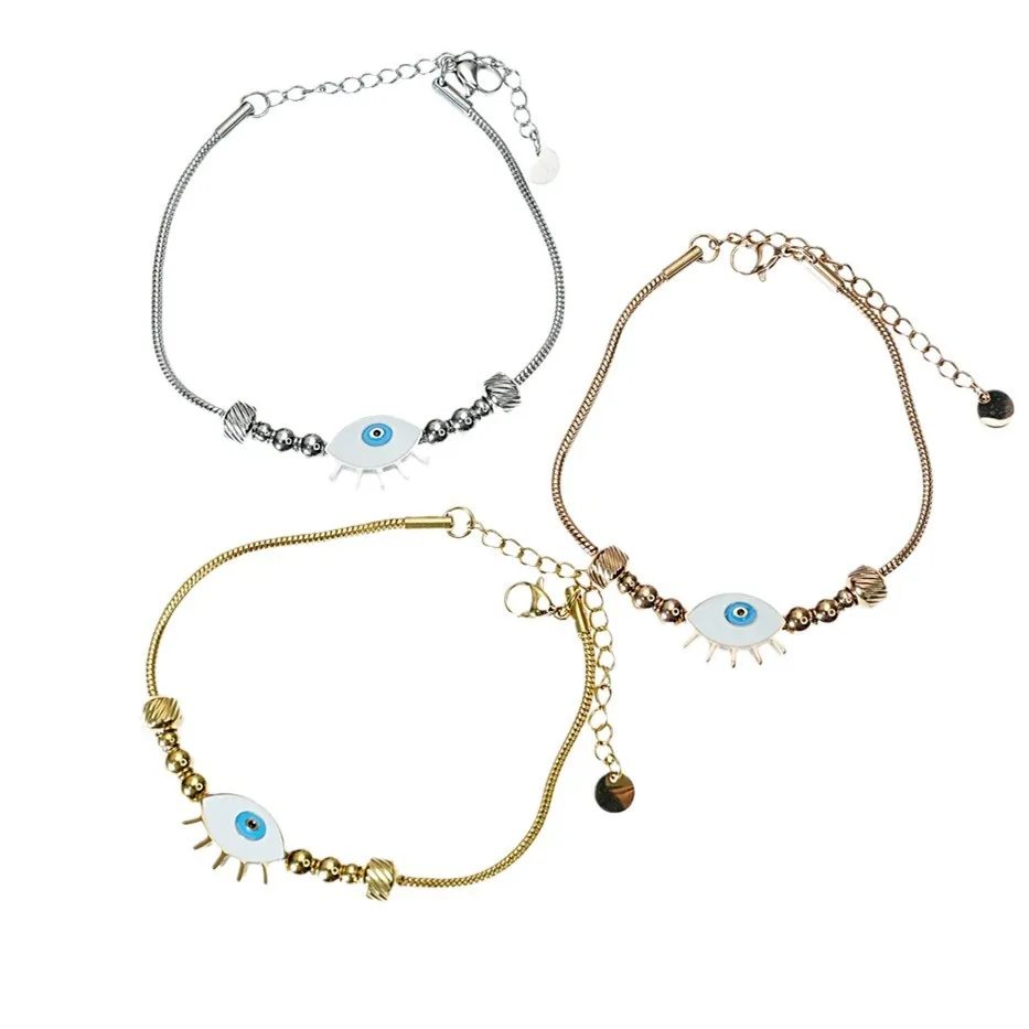 Bracelet Chaîne Serpent Oeil Du Mal Acier Inoxydable Email Pendentif Nazar Bijoux Mode Pour Femmes Hommes Poli