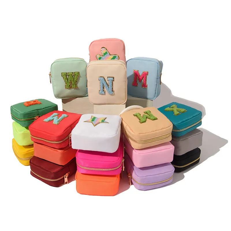 Waterproof Nylon Mini Makeup Bag Square Cosmetic Pouch With Gold Zipper Embroidery Patches Travel Lipstick Organizer For Women