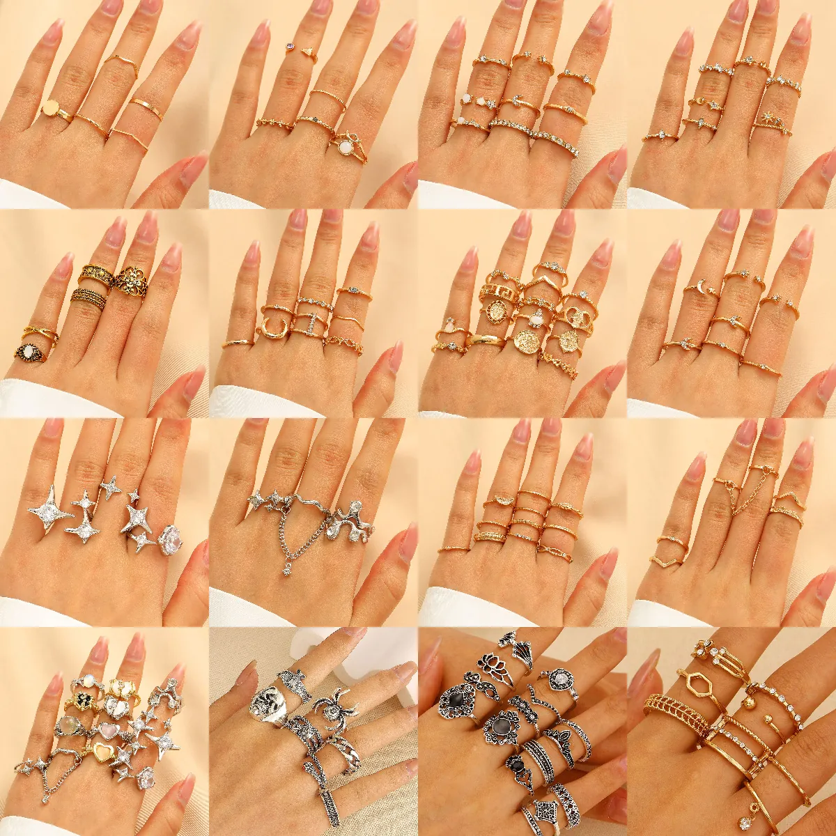 Vintage Alloy Ring Collection For Women Star Moon Heart Geometric Rhinestone Artificial Pearl Inlaid Bohemian Jewelry