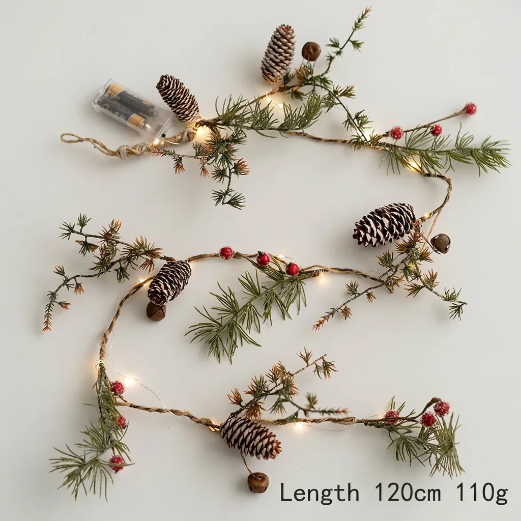 Catena Di Luci LED Di Natale Con Pigne Bacche Rosse Aghi Di Pino Campanelli Per Decorazioni Festive Della Casa Ghirlanda