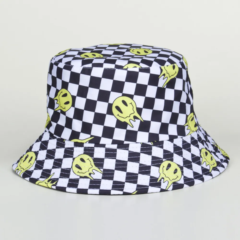 Checkerboard Melting Smiling Face Bucket Hat Canvas Sun Protection Foldable Summer Outdoor Trendy Fisherman Cap