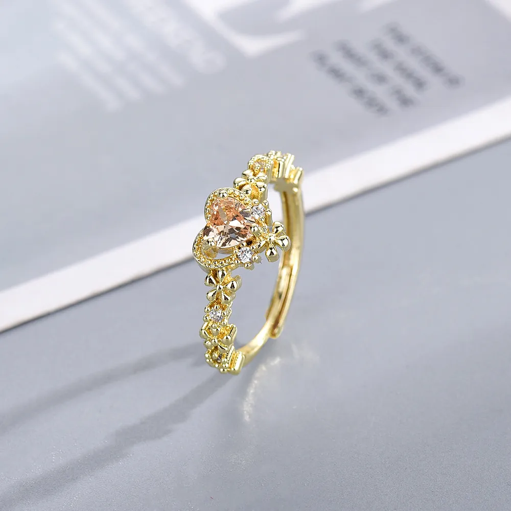 Heart Shaped Champagne Zircon Open Ring Gold Plated Copper Flower Design Adjustable Romantic Elegant Jewelry For Women