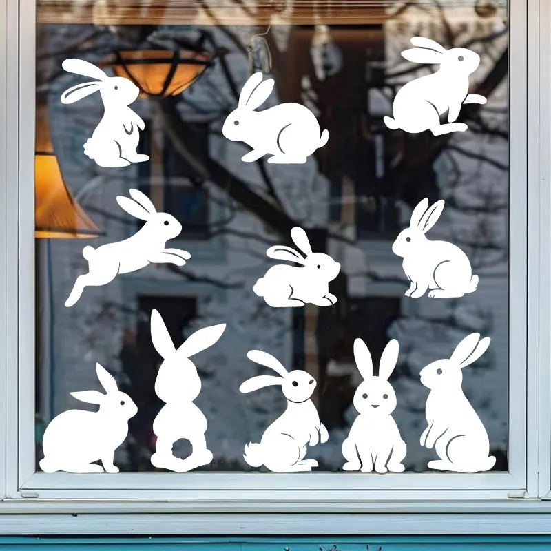 Easter White Rabbit Bunny Window Stickers PVC Static Cling Wall Decals Silhouette Holiday Home Decoration Cute Animals