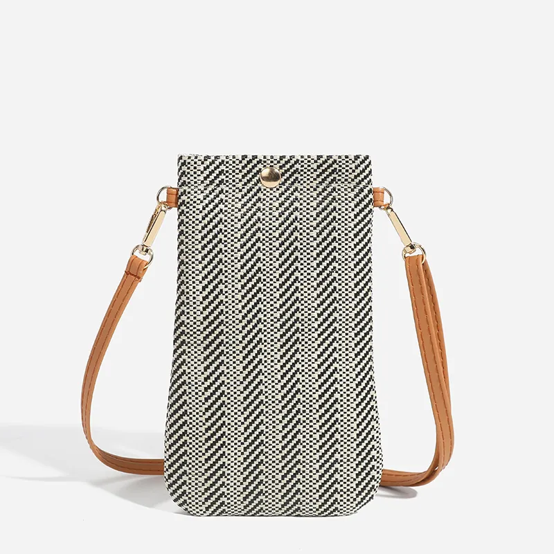 Woven Phone Crossbody Bag For Women Straw Herringbone Vertical Mini Shoulder Purse With PU Strap Or Metal Chain