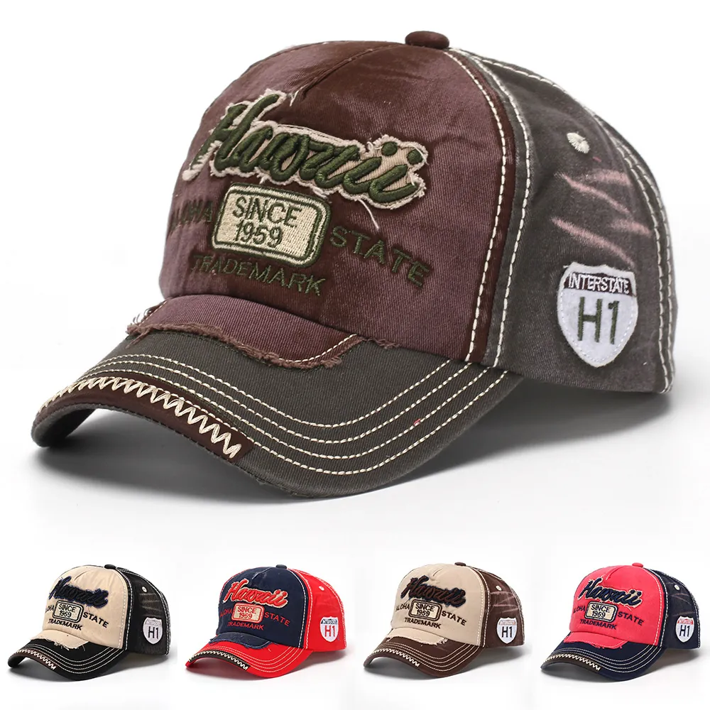 Distressed Washed Cotton Baseball Cap Hawaii Embroidery Retro Patchwork Adjustable Sun Protection Hat Unisex