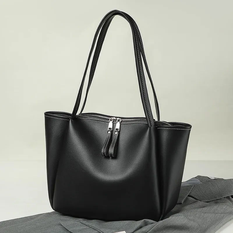 Women Large Capacity Tote Bag Soft PU Leather Minimalist Shoulder Bag With Zipper Details White Contrast Stitching For Work Commuter