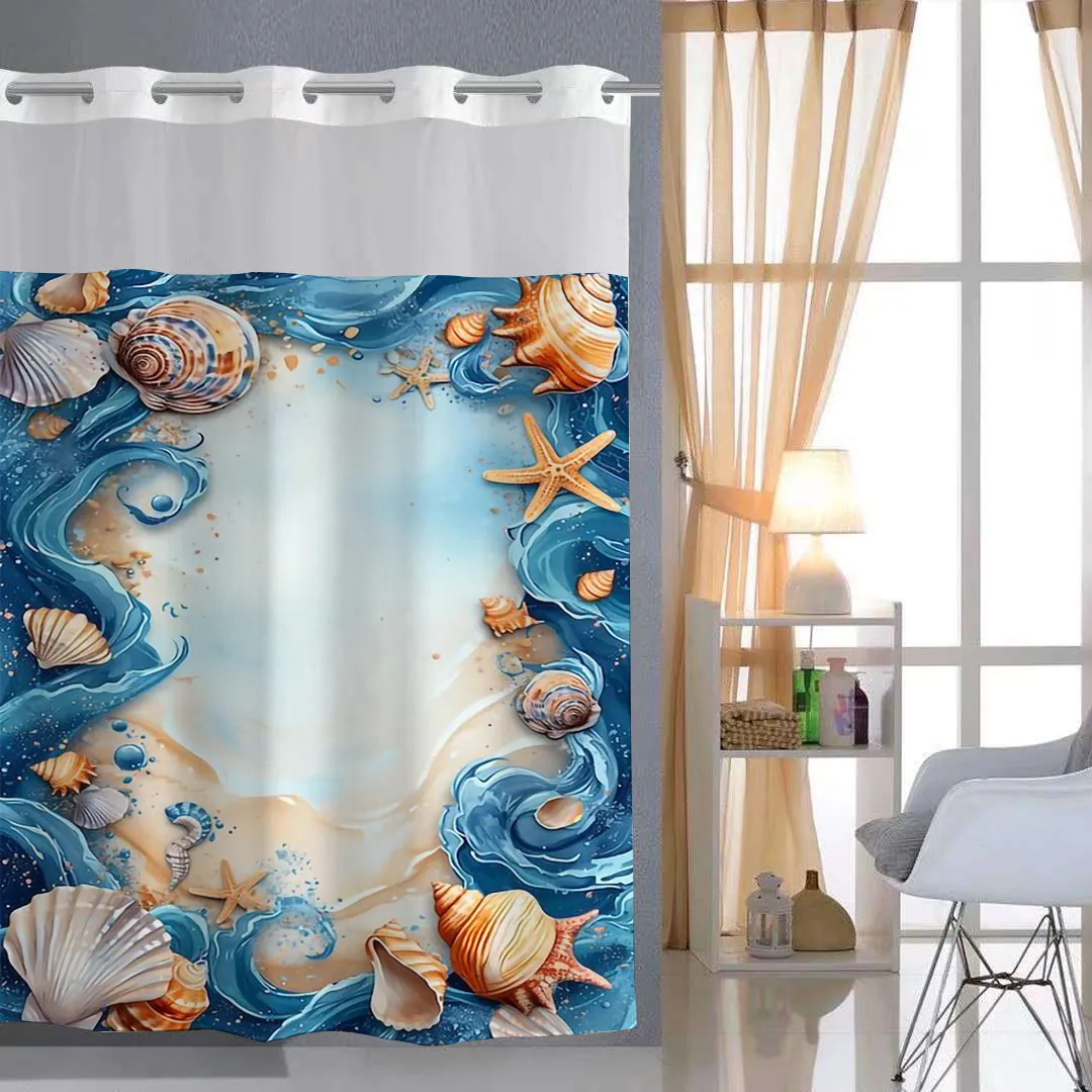 Hookless Shower Curtain With Removable Liner Waffle Weave Mesh Top Ocean Shell Print Waterproof Weighted Bathroom Decor