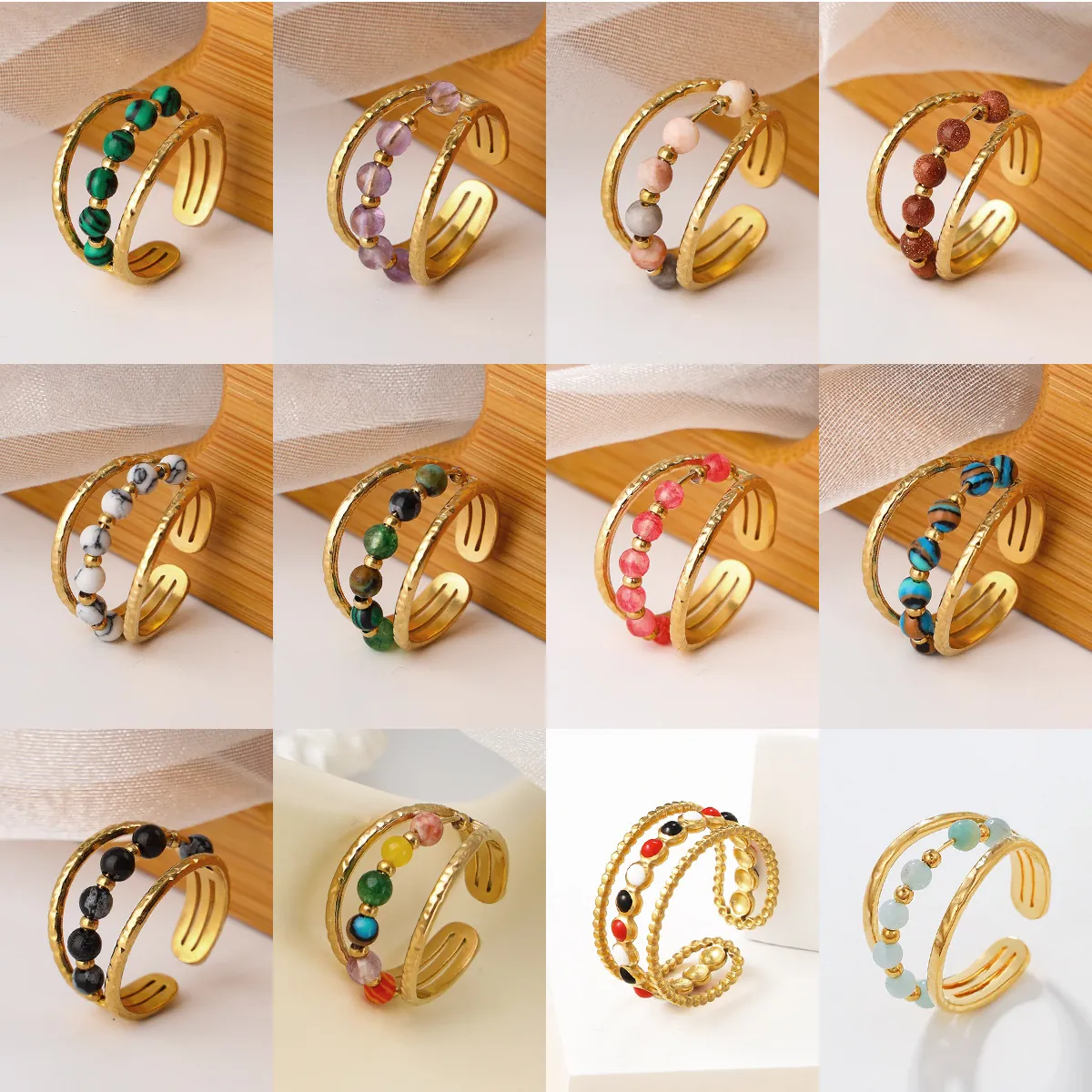 Retro Egyptian Hammered Stainless Steel Adjustable Open Ring For Women With Gold Plated Metal And Natural Stone Beads