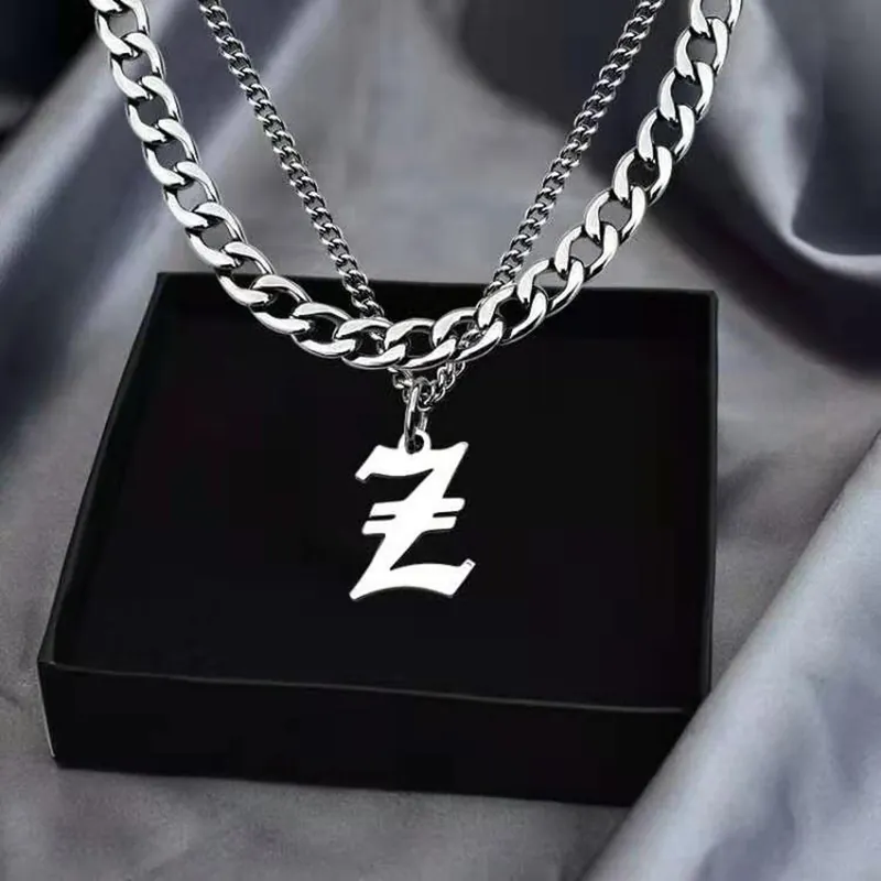 Stainless Steel Double Layer Necklace Cuban Chain Gothic Initial Letter Pendant Hip Hop Streetwear Unisex
