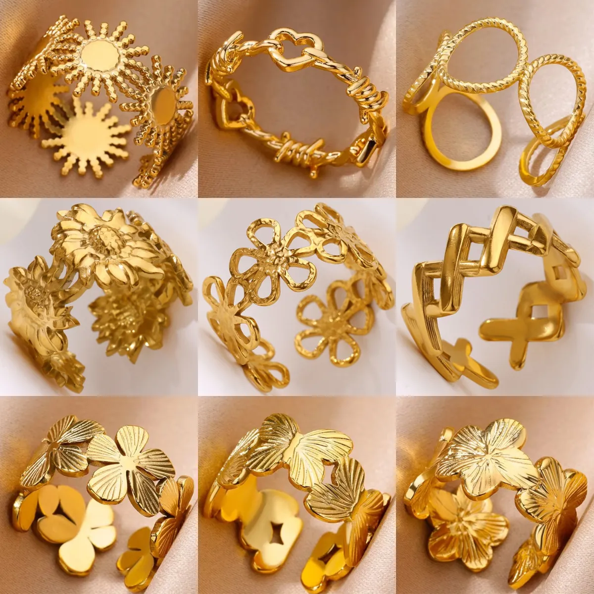 Hollow Flower Sun Stainless Steel 18K Gold Plated Open Adjustable Ring Niche Design Trendy Jewelry Women