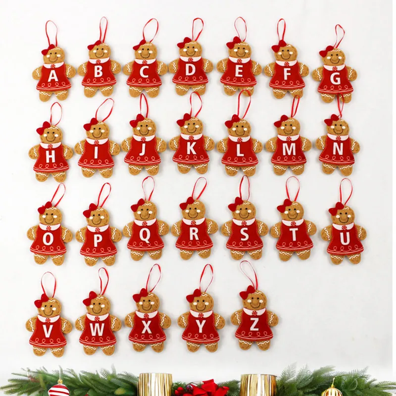 Gingerbread Man Christmas Hanging Ornaments Fabric Felt Alphabet Letters Red Dress Xmas Tree Decor Holiday Party