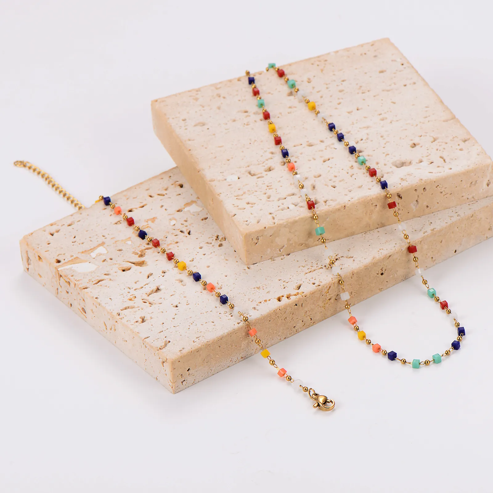 Fashion 18K Gold Plated 304 Stainless Steel Necklace And Bracelet Jewelry With Colorful Square Beads For Women Sweet