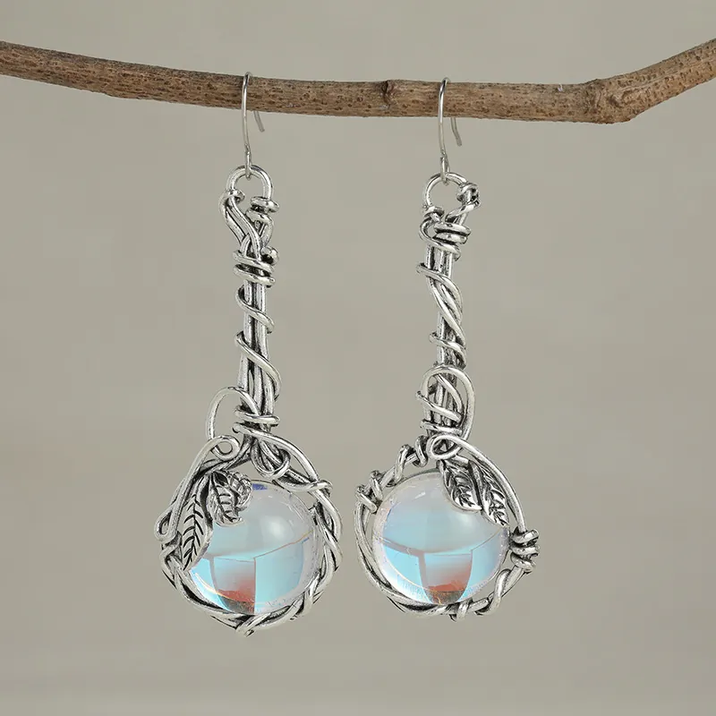 Vintage Vine Leaf Drop Earrings Alloy With Synthetic Moonstone Wire Wrapped Long Dangle Forest Style Titanium Earring Post