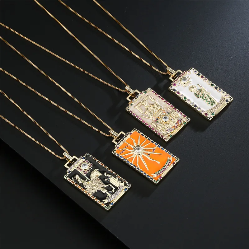 Tarot Card Pendant Necklace 18K Gold Plated Copper Enamel Zircon Fashion Vintage Jewelry For Women