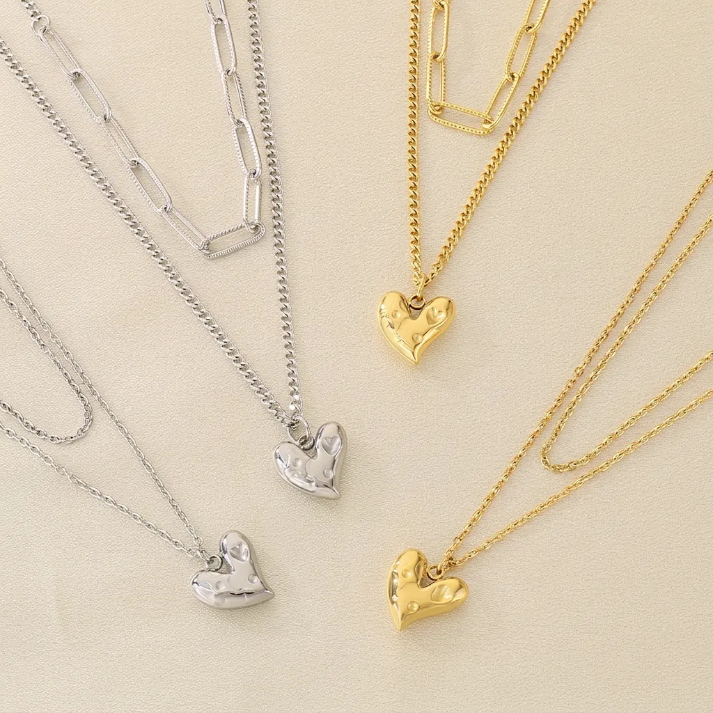Collier Double Couche En Acier Inoxydable Avec Pendentif Coeur Plqué Or 18K Texture Lave Chaîne Trombone Pour Femmes