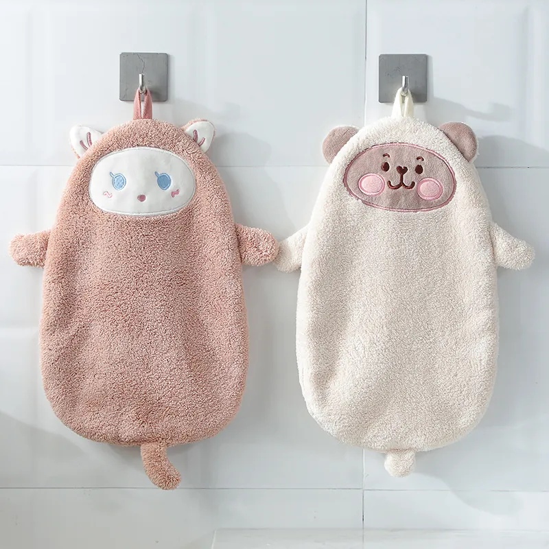 Cute Cartoon Hanging Hand Towels Coral Fleece Thick High Absorbent Soft Microfiber Washable For Bathroom Kitchen Home