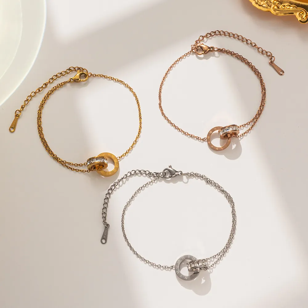 Minimalist Stainless Steel Bracelet For Women Interlocking Rings With Roman Numerals And Cubic Zirconia Jewelry