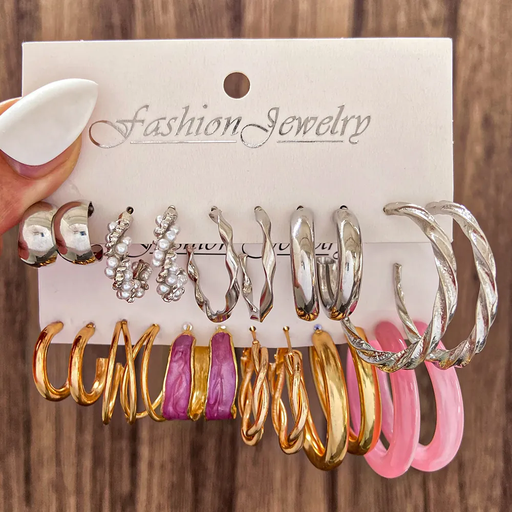Pendientes de Aro y Botón de Aleación Acrílico Perla Artificial Estilo Bohemio Vintage Geométrico Chapado en Oro Plata Joyería de Moda