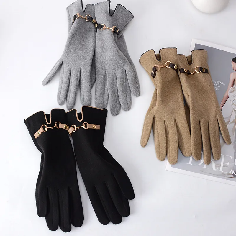 Women Winter Warm Touchscreen Gloves Polyester With Metal Horsebit Buckle Faux Leather Strap Elegant Windproof