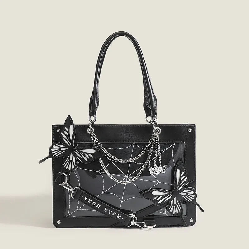 Gothic Butterfly Spider Web Ita Bag PU Leather Shoulder Crossbody Tote Handbag Dark Lolita Style For Women Girls