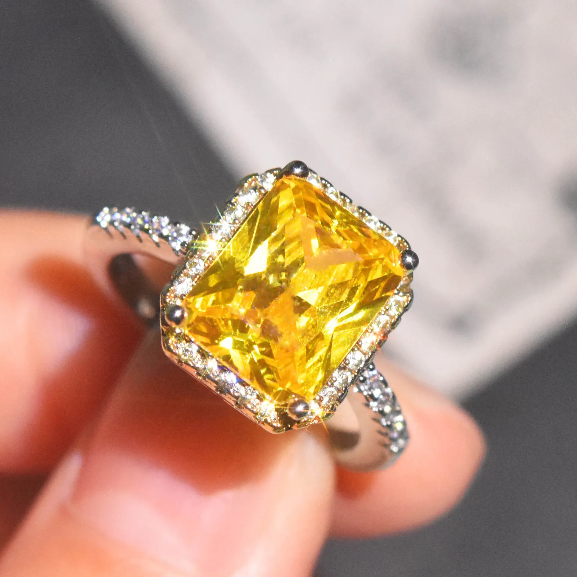 Luxury Rectangle Pink Yellow Cubic Zirconia Ring Copper Silver Plated Adjustable Open Band Women Engagement Wedding Jewelry