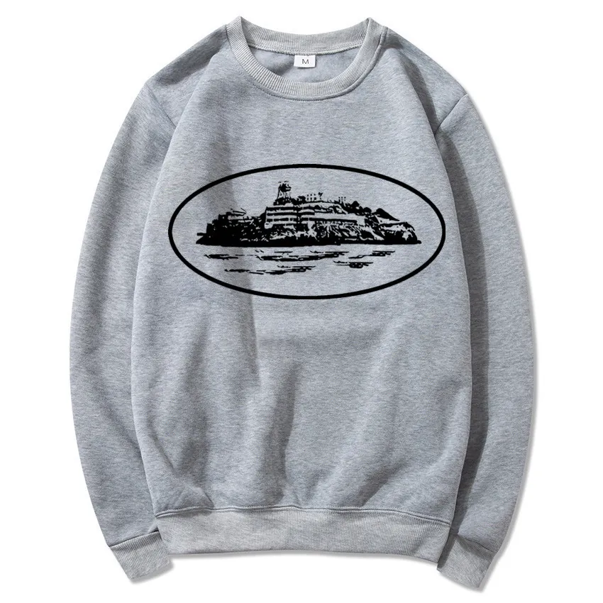 Men Crewneck Sweatshirt Fleece Lined Long Sleeve Y2k Graphic Print Island Architecture Streetwear Casual Pullover