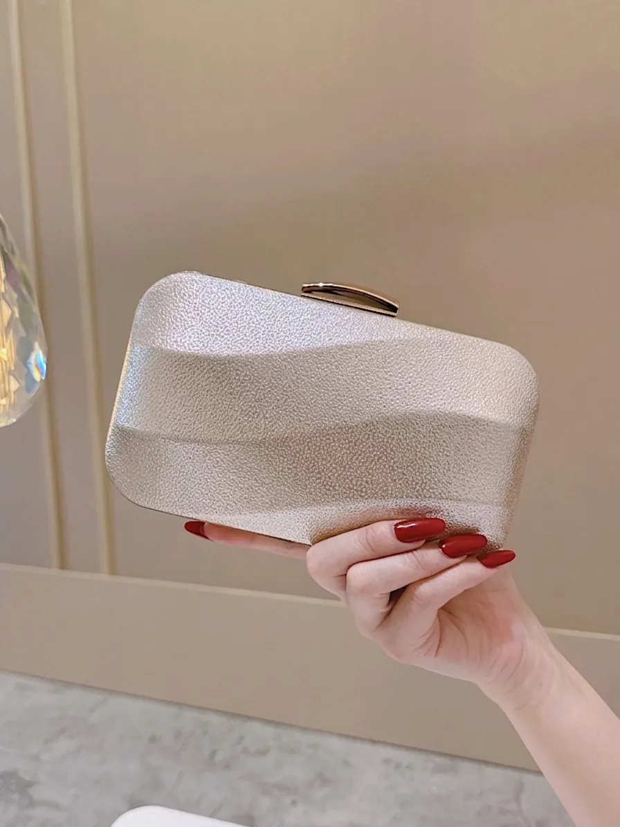Champagne Gold Glitter Evening Clutch Bag For Women Shimmer Geometric Ripple Hard Shell Formal Party Handbag Chain Strap