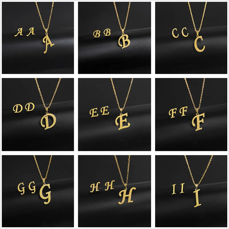 Minimalist 304 Stainless Steel Initial Letter Necklace And Stud Earrings Alphabet Gold Jewelry For Women Girls Elegant Accessory