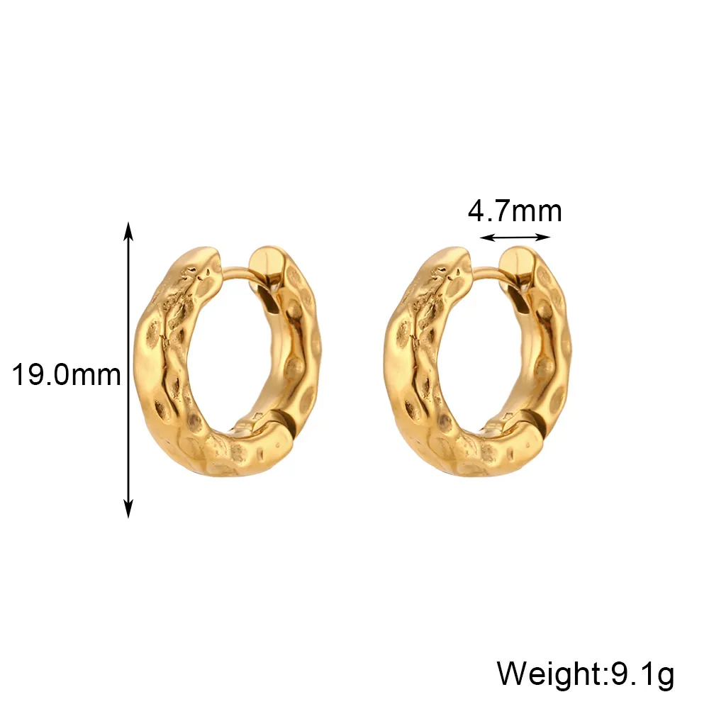 Minimalist Stainless Steel Hoop Earrings For Women Gold Plated Irregular Hammered Moon Surface Round Loop Ear Buckle Jewelry