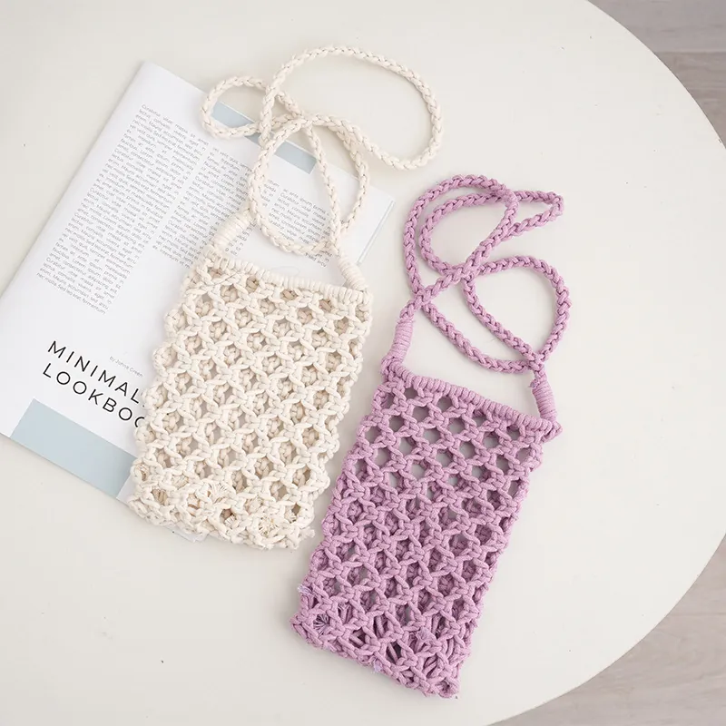 Handmade Macrame Crossbody Phone Bag Cotton Rope Hollow Knitted Shoulder Pouch Minimalist Casual For Women
