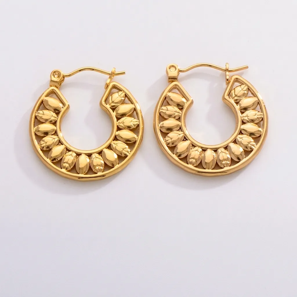 Vintage Stainless Steel Geometric Leaf Hoop Earrings For Women Gold Plated Hammered Sunburst U-Shaped Fashion Jewelry