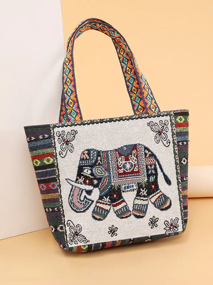 Women Ethnic Handbag Jacquard Canvas Tote Bag Bohemian Elephant Butterfly Pattern Colorful Woven Strap Double Sided Bag