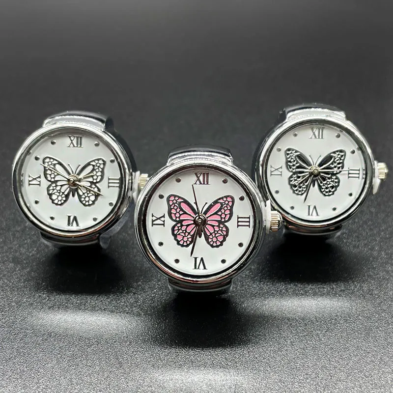 Vintage Butterfly Pattern Ring Watch Silver Alloy Elastic Band Quartz Finger Watch For Women Roman Numerals Round Dial Jewelry Gift