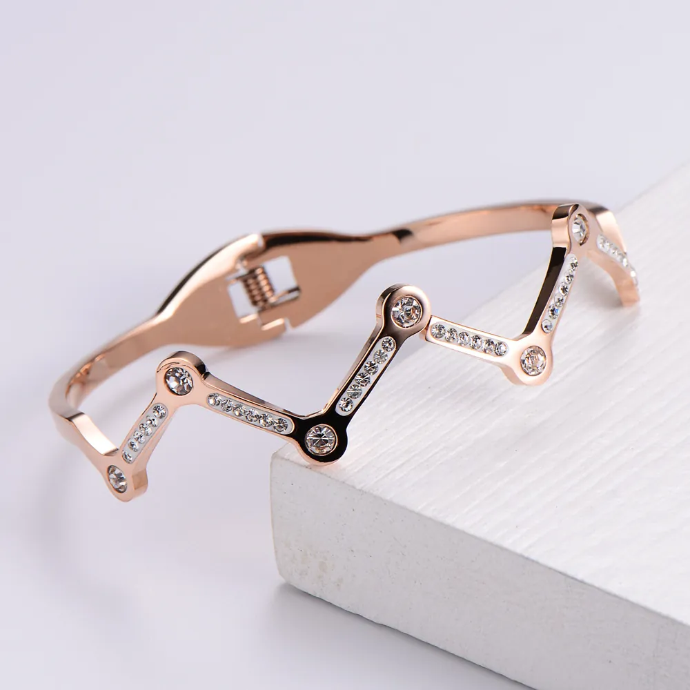 Women Wave Zigzag Bangle Stainless Steel Rhinestone Inlaid Hinged Jewelry Gold Plated Fashion Elegant Birthday Gift