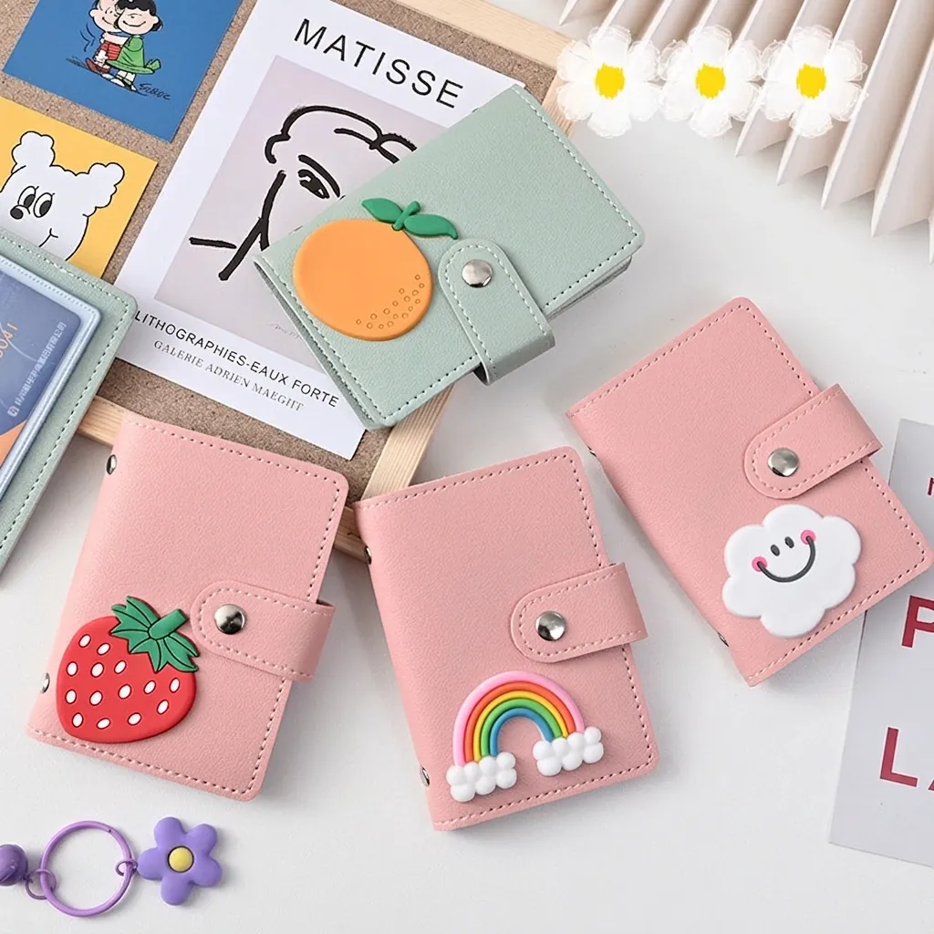 Cute 3D Cartoon Card Holder PU Leather Multi Slot Mini Wallet Snap Button Students Daily Use Macaron Color Organizer