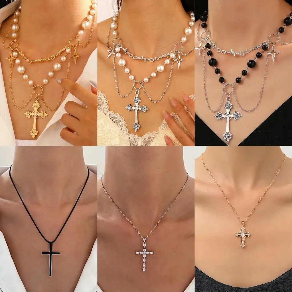 Luxe Koper Zinklegering Strass Kruis Hanger Halsketting Voor Dames Gepersonaliseerde Hip Hop Punk Kunstparel Gelaagde Ketting Sieraden
