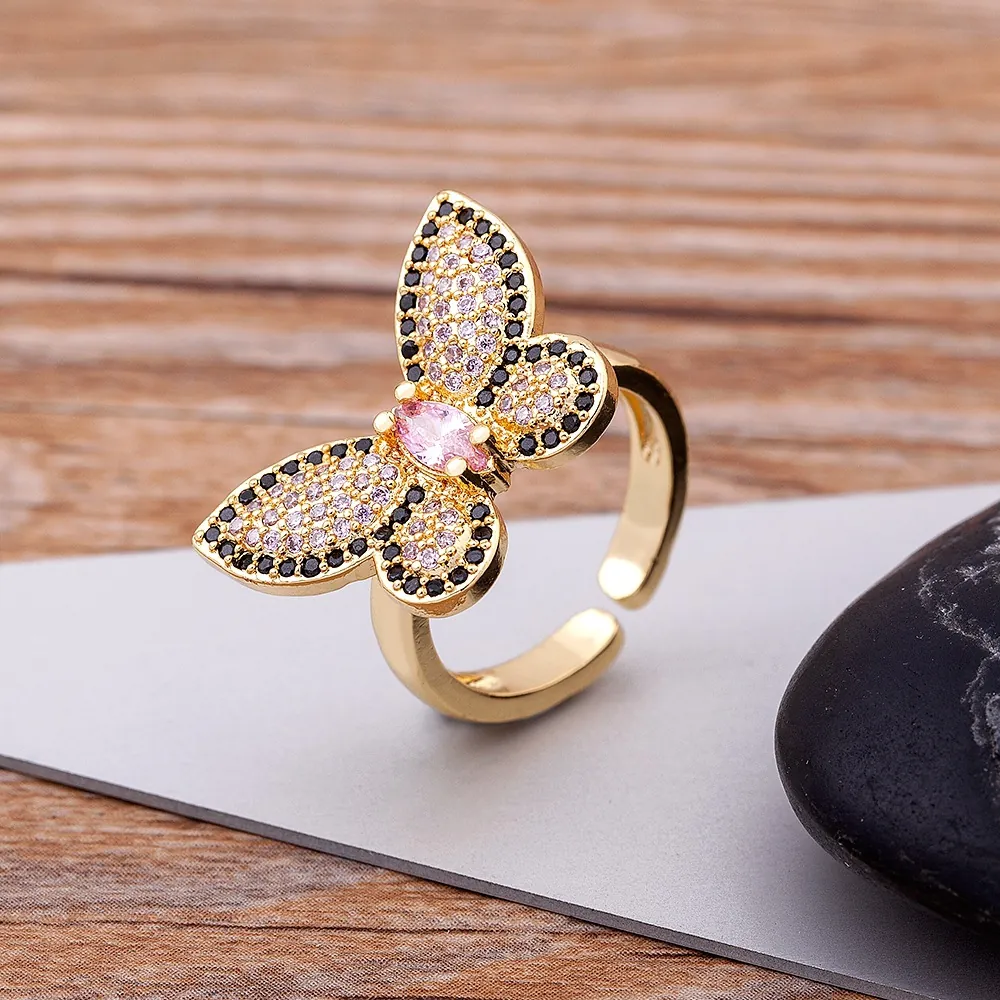 18K Gold Plated Copper Butterfly Open Ring For Women Inlaid Pink Black Zirconia Adjustable Finger Ring Jewelry Gift