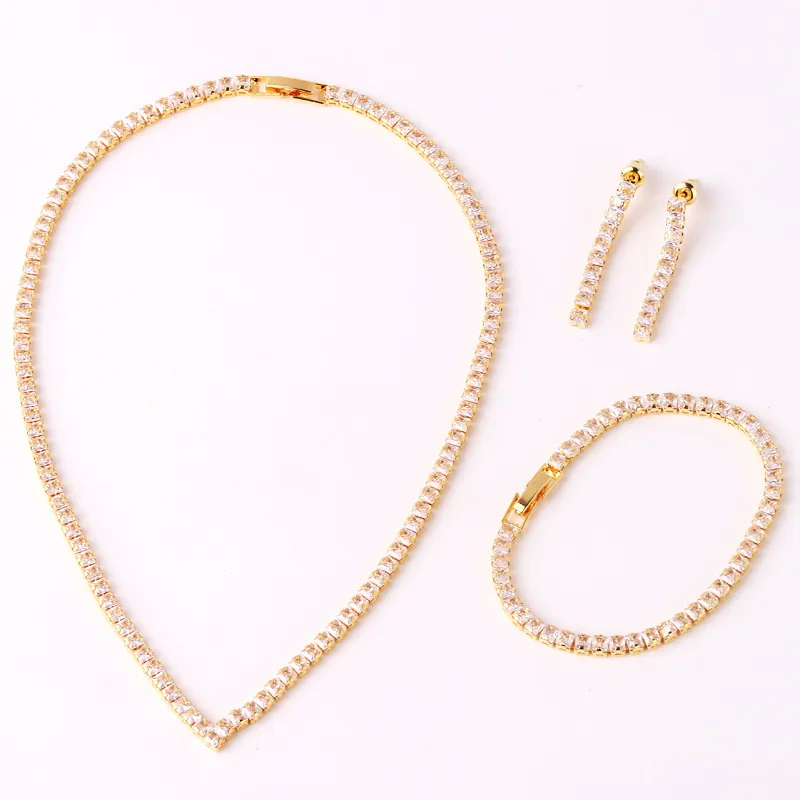 V Shape Cubic Zirconia Tennis Chain Necklace Bracelet Earrings Copper Gold Plated Square Cut Jewelry For Women