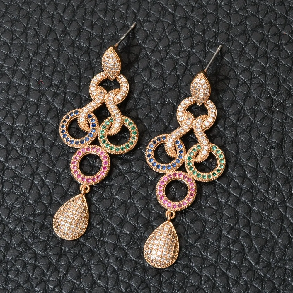 Geometric Interlocking Rings Drop Earrings Multicolored Zirconia Copper Jewelry With Silver Earring Post Elegant Women Party