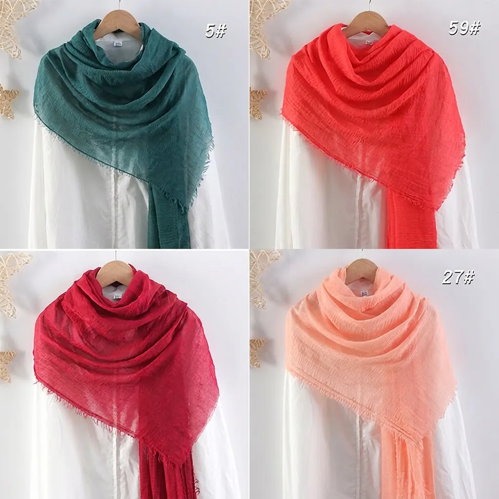 Crinkle Long Scarf Shawl Cotton Linen Fringed Large Wrap Lightweight Breathable Solid Color For Women