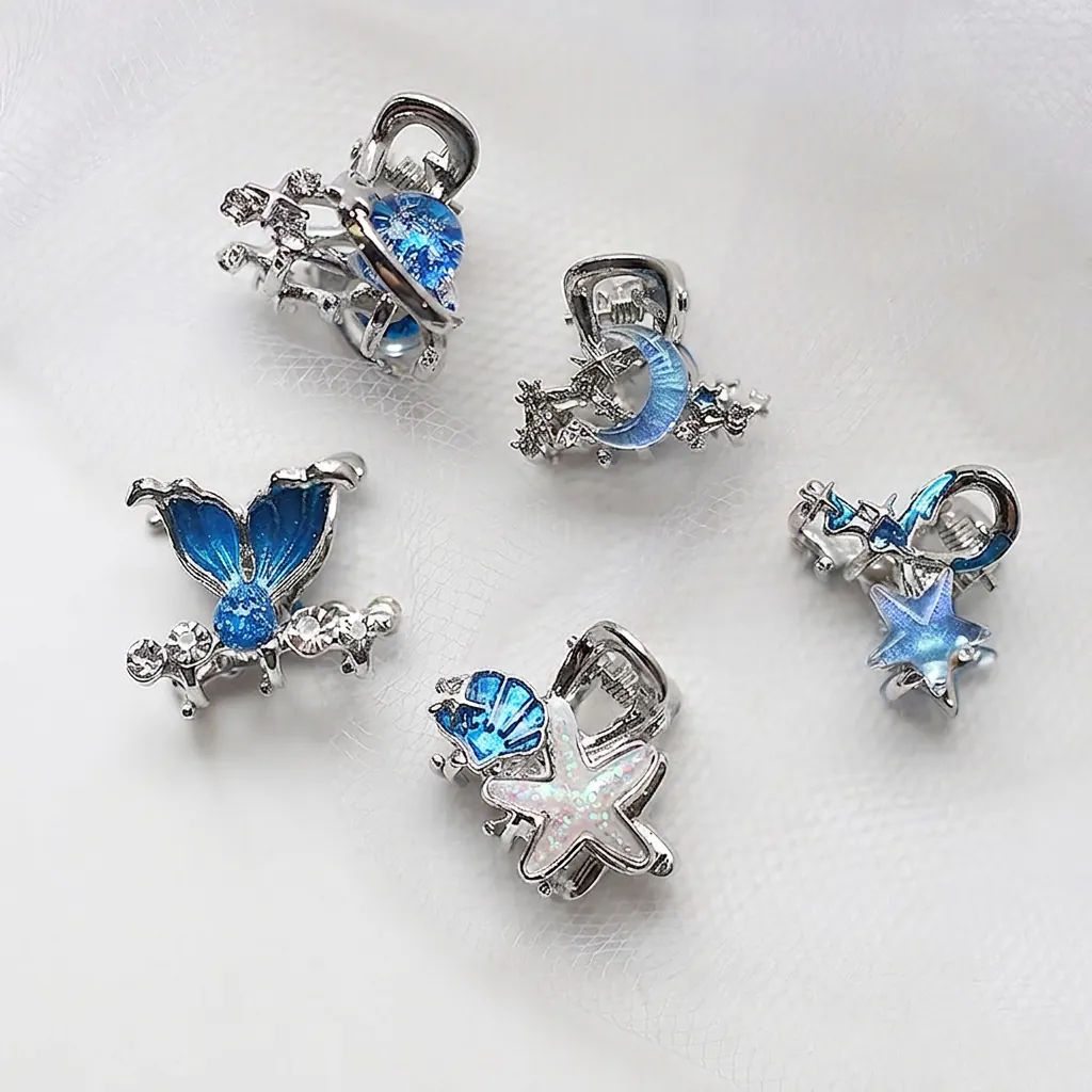 Mini Fermagli Per Capelli In Lega Di Zinco Smalto Strass Tema Oceano Stellato Stella Marina Coda Di Sirena Luna Pianeta Dolce Donna