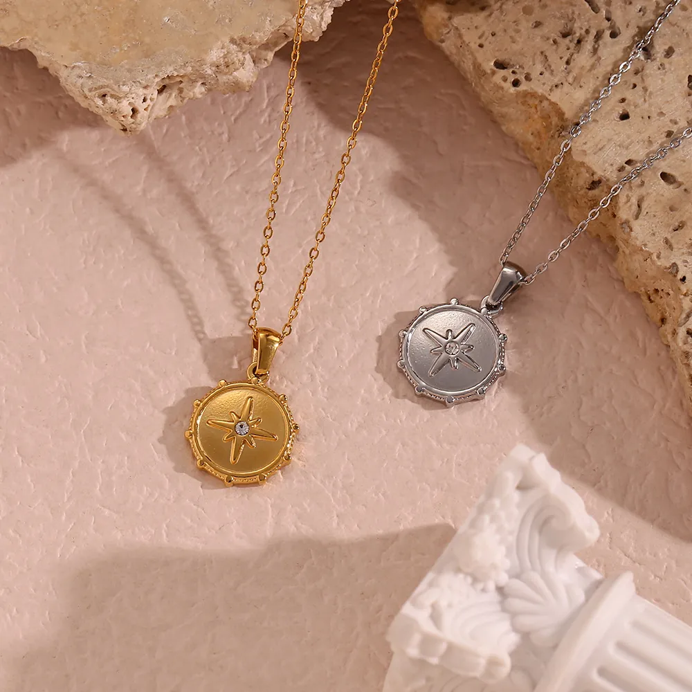 Stainless Steel Necklace With Round Eight Point Star Compass Pendant Zircon Minimalist Elegant Jewelry For Women